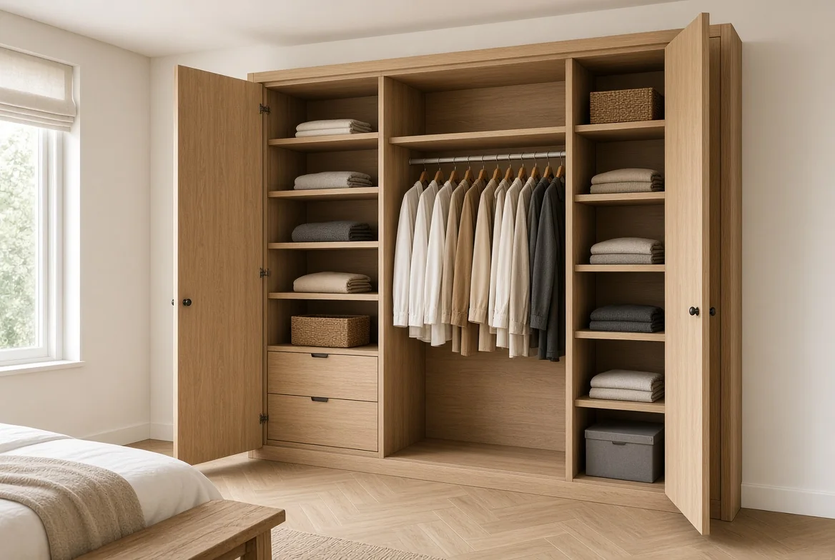 Armario empotrado de madera con puertas abiertas