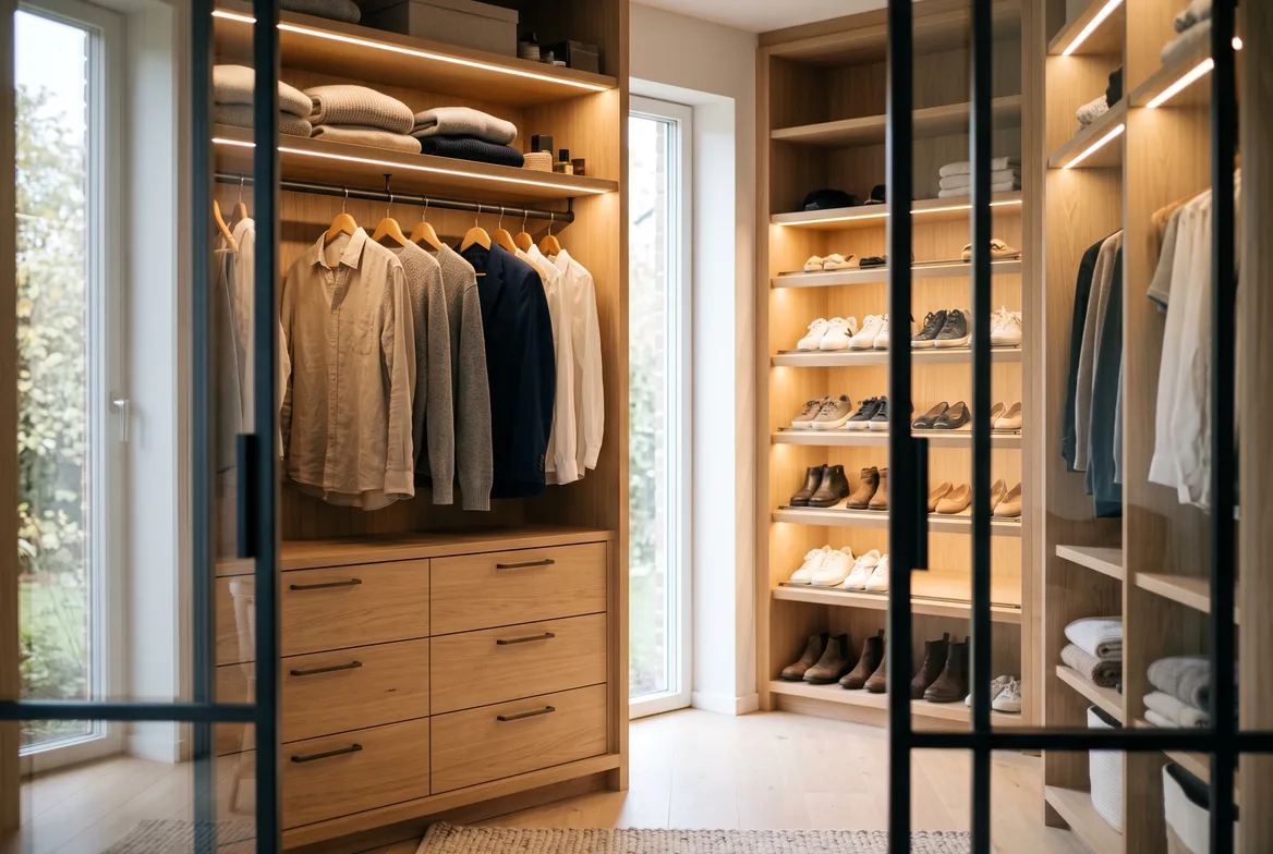 Vestidor a medida en roble claro, con puertas de cristal de perfil fino e iluminación LED en las baldas